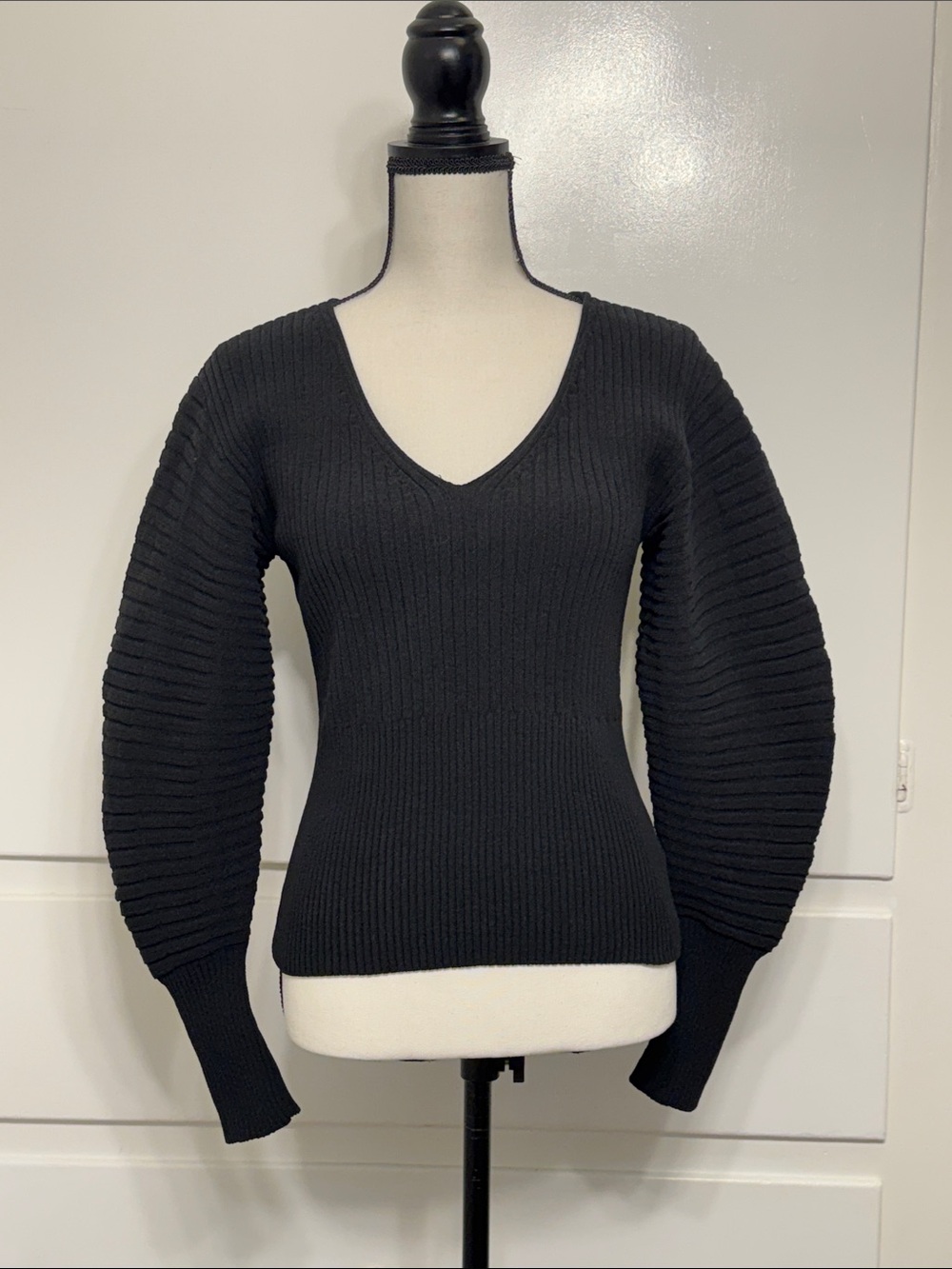 NWT Black Ribbed V-Neck Sweater with Balloon Sleeves